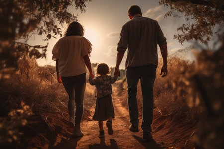The Joyful Journey: Capturing the Bond with a Low Angle Shot of a Child held by a Woman and Man, Hanの素材