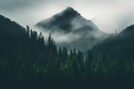 Mystical Serenity: Capturing the Enigma of a Fog-veiled Mountain with Pine Trees - AR 3:2の素材