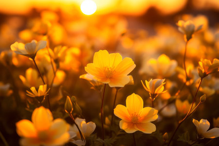 Golden Magic: Captivating Macro Photography of Yellow Flowers amidst a Mesmerizing Sunset - ar 3:2の素材