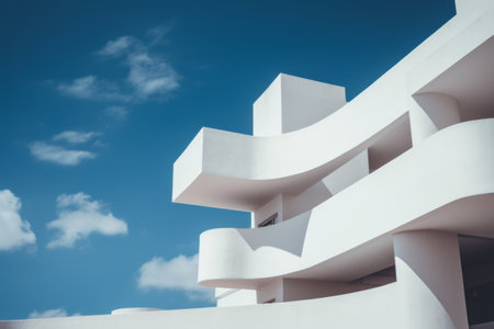 Captivating Architectural Shot: A Low-Angle View of a Stunning White Building --ar 3:2の素材