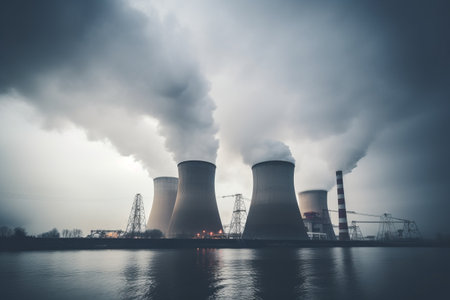 Capturing the Majestic Emission: A Low Angle View of Nuclear Power Plant Buildingsの素材