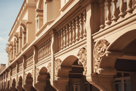 Captivating Low-Angle Photography Unveiling the Beauty of a Beige Balustrade Building -- AR 3:2の素材