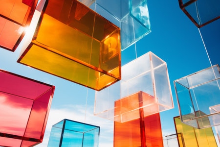 Captivating Displays: Vibrant Glass Panels Illuminated Under a Clear Blue Sky --ar 3:2の素材