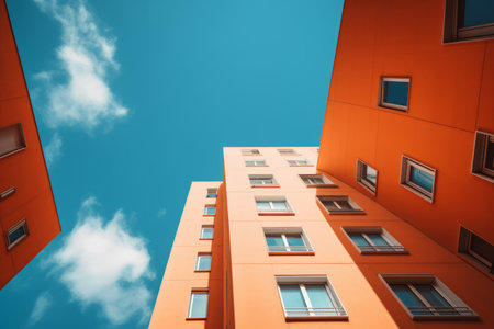 Picturing Majestic Architecture: The Captivating Low-angle Shot of an Orange Concrete Building Againの素材