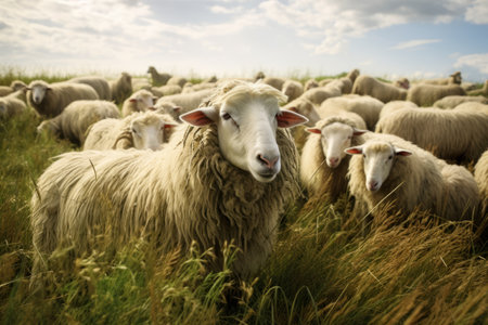 Grazing Serenity: A Magnificent Sight of Flocks of Sheep Feasting on Green Pastures in 3:2 Aspect Raの素材