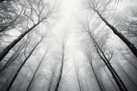 Winters Monochromatic Magic: Grayscale Photo of Snow-Cloaked Trees in a 3:2 Aspect Ratioの素材