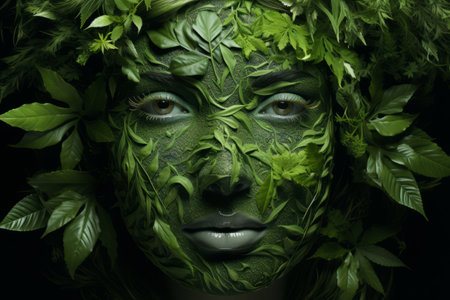 Natures Muse: A Girls Face Emerges among Lush Green Leavesの素材