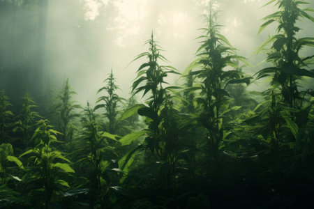 Misty Morning Magic: Enchanting Green Leafed Plants Awash in Fog --ar 3:2の素材