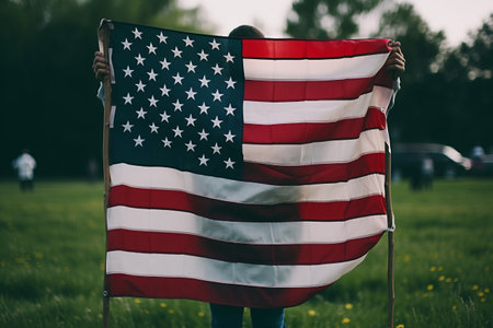 Patriotic Symbolism: Unidentified Figure Proudly Hoists USA Flag Over Lush Green Lawn -- AR 3:2の素材