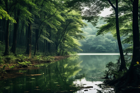 Serenity Mirrored: Captivating Green Leafed Trees Reflecting in a Tranquil Body of Waterの素材