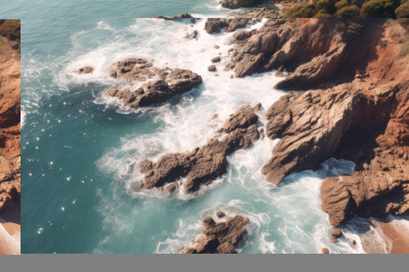 Captivating Seascape: A Breathtaking View of the Seashore and Rock Formation in a High Angle Shotの素材