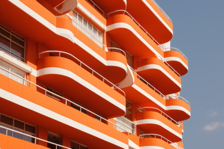 Vibrant Urban Architecture: High Rise Orange and White Building - AR 3:2の素材