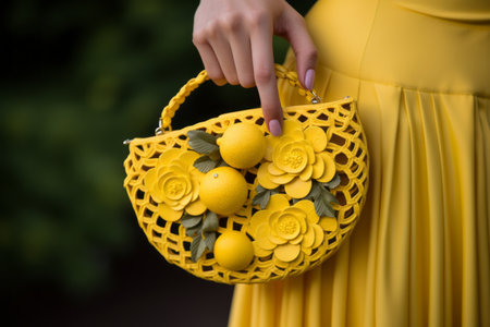 Sunny Delight: Embracing a Hand Holding a Basket Bag Bursting with Yellow Fruits --ar 3:2の素材