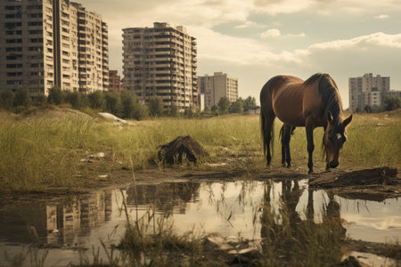 Serene Pastoral Scene: Majestic Horses Graze Near a Charming Building [AR 3:2]の素材