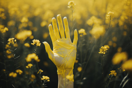 Natures Touch: A Human Hand Amidst a Field of Yellow Petals - AR 3:2の素材