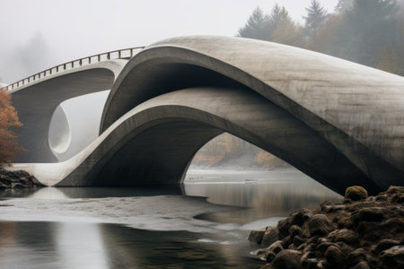 Captivating Arched Grey Concrete Bridge Over Serene Riverの素材