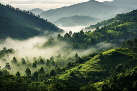 Misty Serenity: A Lush Hillside Blanketed in Green Treesの素材