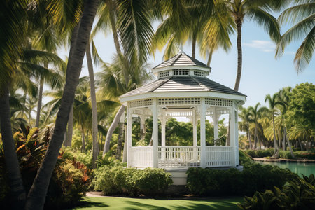 Aesthetic Serenity: Green Palm Trees and White Gazebo --ar 3:2の素材