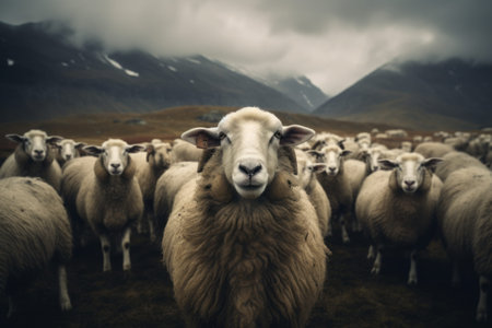 Mesmerizing Capture: Immersed in the Enchanting World of a Focused Sheep Herd (3:2 Aspect Ratio)の素材