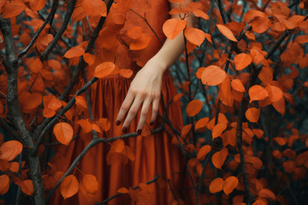 Embracing Autumns Splendor: A Hand Among Orange Leavesの素材