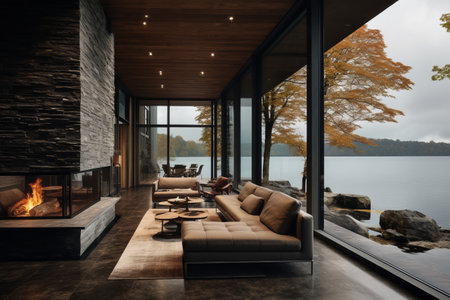 Serene Waterfront Retreat: Inside a Modern Lakefront Home under Cloudy Skiesの素材