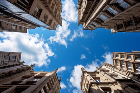 Capturing the Majestic Architecture: Low Angle Photography of Buildings Against a Serene Blue and Whの素材