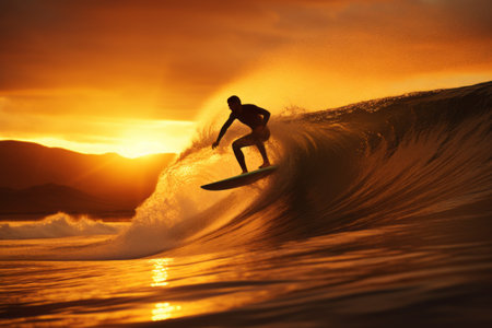 Golden Hour Surfing: Riding the Waves at Dusk - AR 3:2の素材