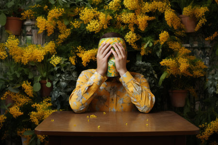 Flower-Clad Man: A Captivating Encounter Amidst Potted Sunflowers - AR 3:2の素材