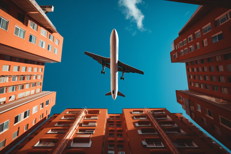 Capturing the Majesty: A Low-angle View of a Brown High-rise Building with a Striking Blue Airplaneの素材