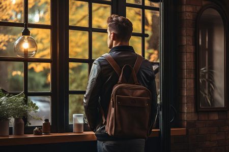 Captivated Adventurer: Observing the World Through the Window with Backpack in Handの素材