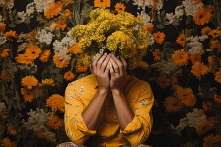 A Captivating Portrait: The Mysterious Man Amidst Vibrant Yellow Bloomsの素材