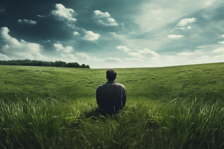 Serenity on the Green: A Man Taking a Pause in a Lush Grass Fieldの素材