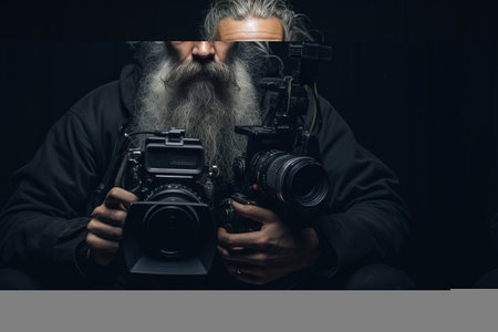 Capturing Moments: A Man Holding a Video Camera in AR 3:2の素材