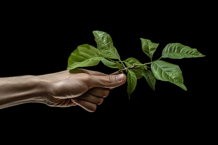 The Natural Embrace: Left Human Hand Holding a Green Leaf Branchの素材