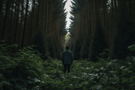 Majestic Encounter: A Man Amidst Towering Treesの素材