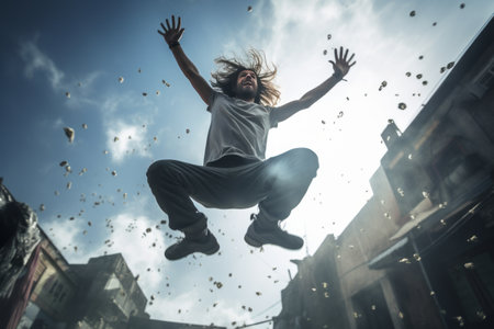 Capturing Gravity-Defying Moments: Low Angle Photography of a Jumping Manの素材