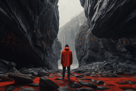 Boldly Embracing Adventure: The Man in the Red Jacket Confronting Natures Majesty Across Three Peakの素材