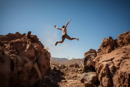 Capturing the Thrill: Daredevil Leaps Off a Majestic Rock - A.R. 3:2の素材