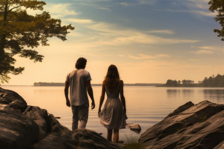 Serenity by the Water: Couple Embracing on a Rockの素材