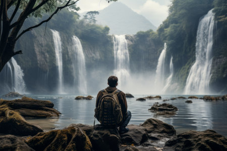 Serenity Unveiled: Captivating Image of a Man Engrossed Near Waterfalls --ar 3:2の素材