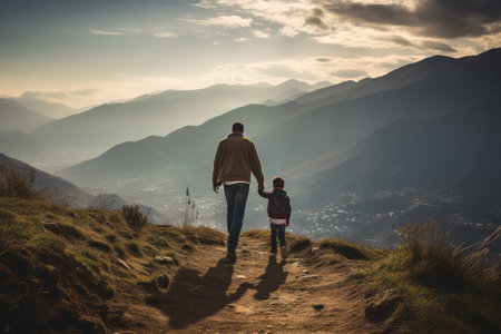 An Adventurous Journey: A Man and Child Exploring the Downhill Terrainの素材