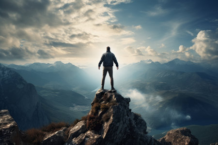Conquering New Heights: A Man on Top of the Mountain --ar 3:2の素材
