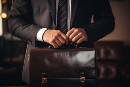 The Enigmatic Businessman: A Man in Black Suit Tightly Clutching a Leather Briefcaseの素材