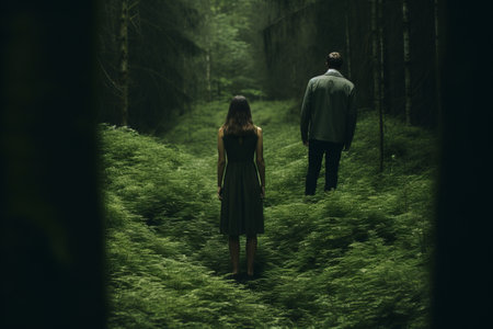 Embracing Natures Serenity: A Man and Woman Find Solace on Lush Forest Greenery --ar 3:2の素材