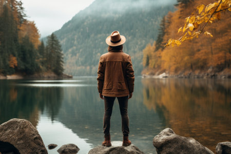 Natures Gentleman: A Man in a Brown Jacket and Hat Savors Serenity by the Lakeの素材
