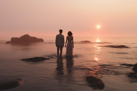 Embracing Love at Sunset: Man and Woman Standing at Seashore -AR 3:2の素材