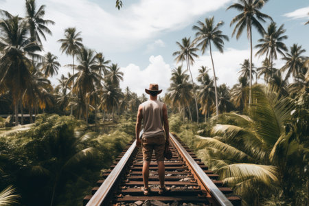 The Serene Encounter: A Man in a Brown Shirt Balancing on a Train Rail Amidst Majestic Coconut Palmsの素材