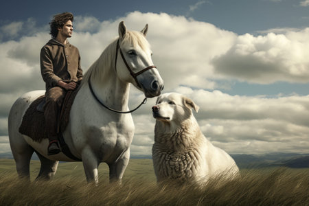 The Majestic Encounter: A Man on a White Horse alongside a Loyal Dog in a Picturesque Grassy Fieldの素材
