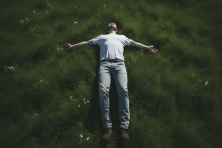The Stylish Man: Sporting a White T-shirt and Gray Denim Jeans Outfit on a Lush Green Grass Field --の素材
