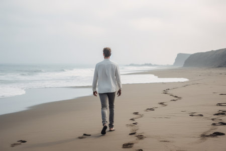 Stylish Man Striding Confidently on the Serene Grey Sandの素材